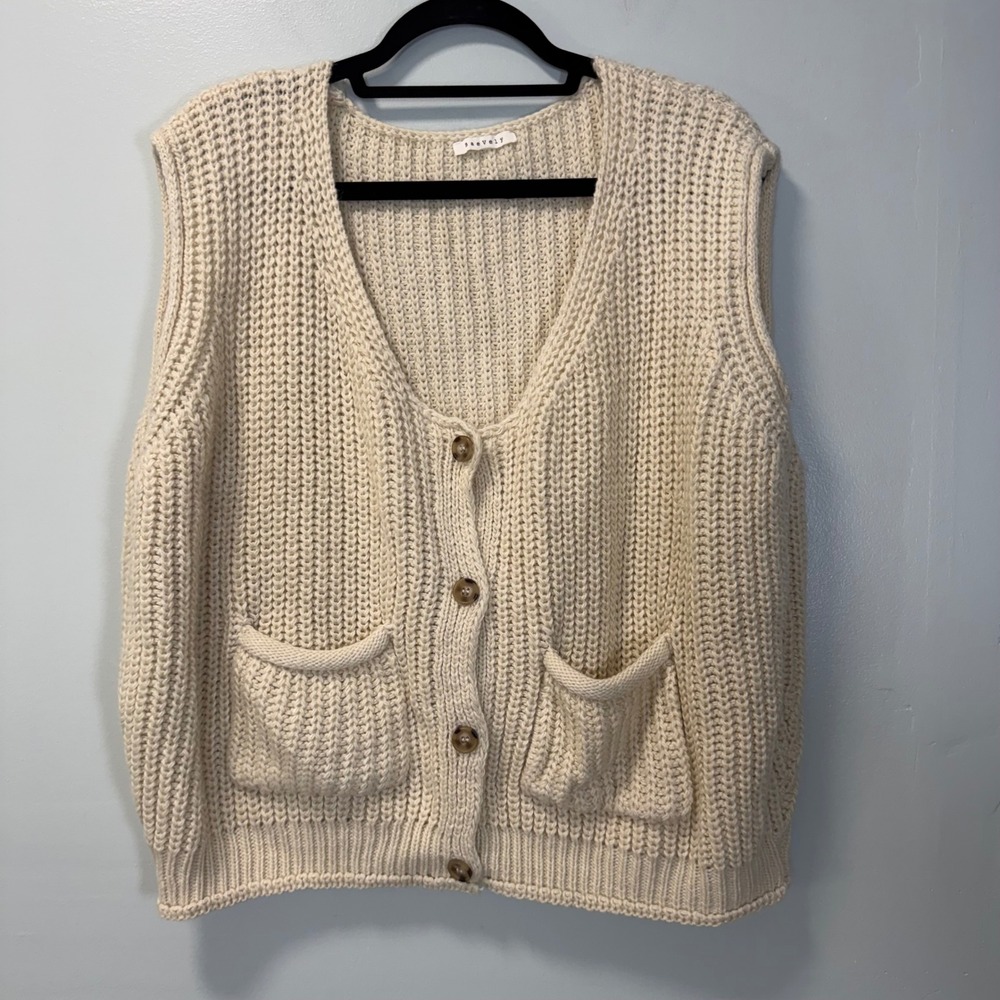 Baevely Cream Chunky Knit Button Front Cardigan Vest Oversized Pockets